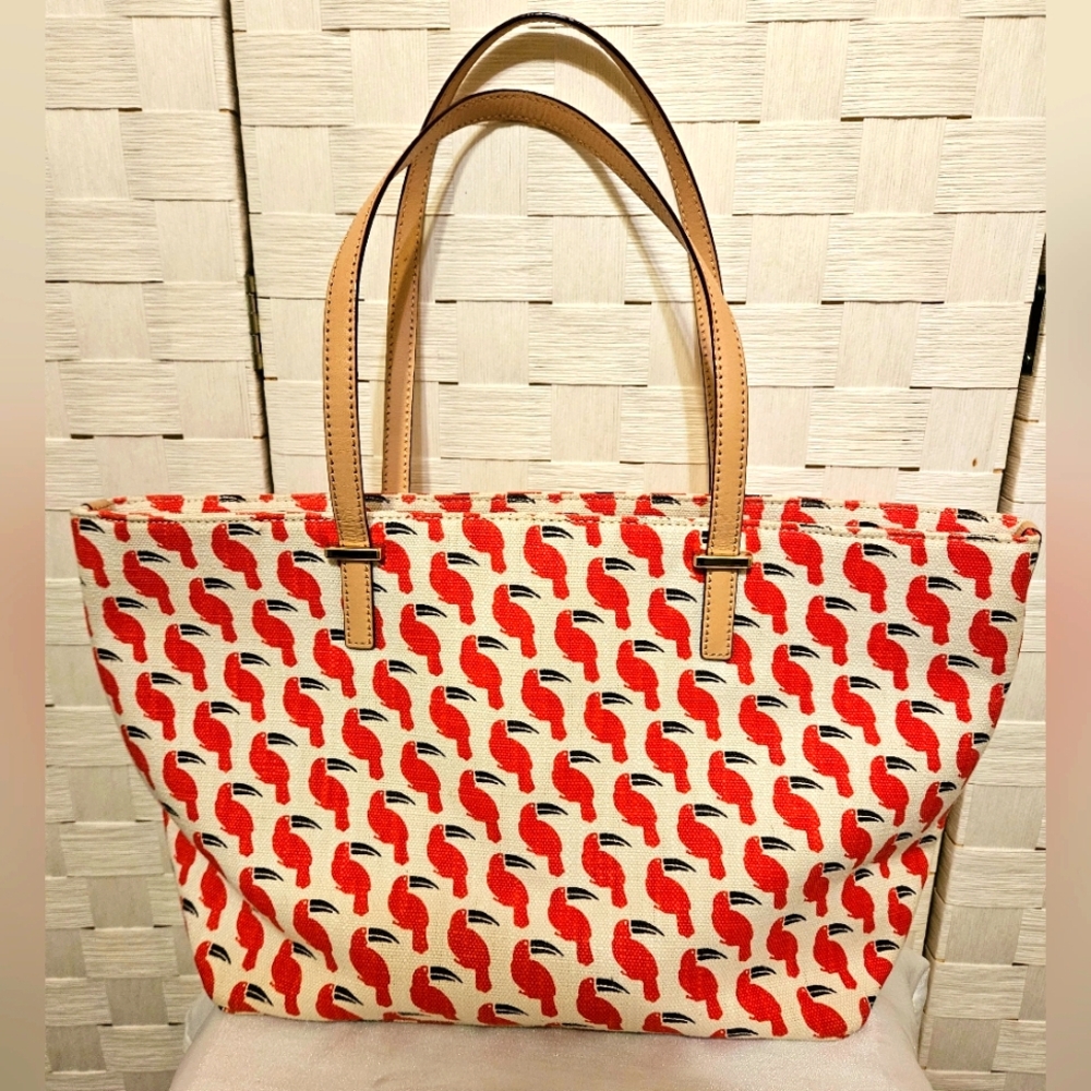 Kate Spade Francis Toucan Multi Linen/jute White & Red Tote With Matching Wallet - Picture 5 of 16